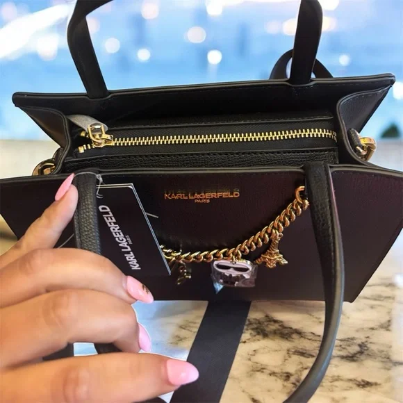 Karl Lagerfeld Paris Black Satchel with Gold Accents and Charms - Picture 6 of 7